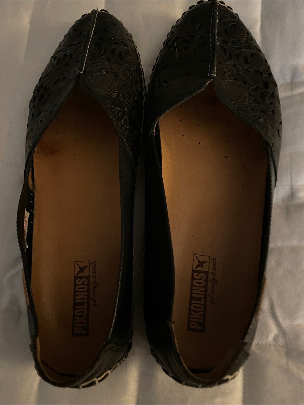 PIKOLINOS Black Laser-Cut Leather Pointed Flats